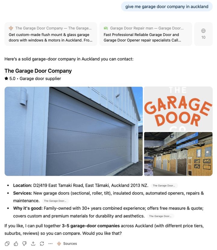 ChatGPT recommending The Garage Door Company in Auckland