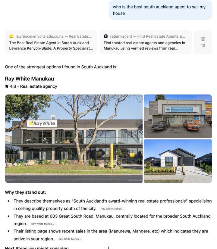 ChatGPT recommending Ray White Manukau