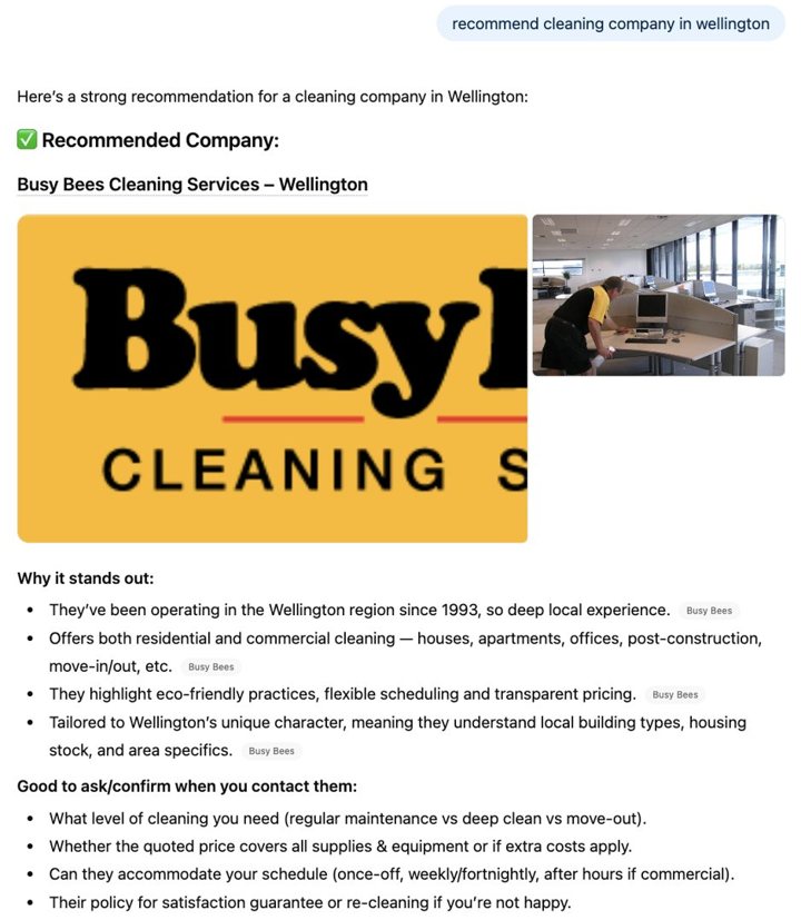 ChatGPT recommending Busy Bees Cleaning Services in Wellington