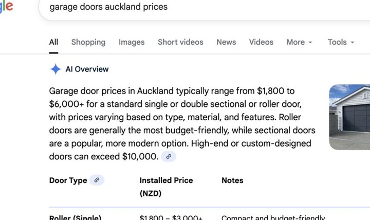 Google AI Overview citing a client's garage door price guide